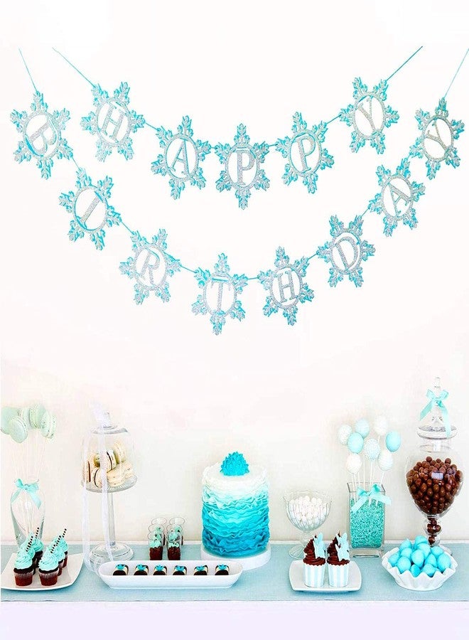 Festiko® Glittering Snowflake Frozen Happy Birthday Banner （Already Assembled）Blue & White, Frozen Birthday Party Supplies， Winter Wonderland Snow Princess Birthday Party Decorations for Girl and Kids - Image 1